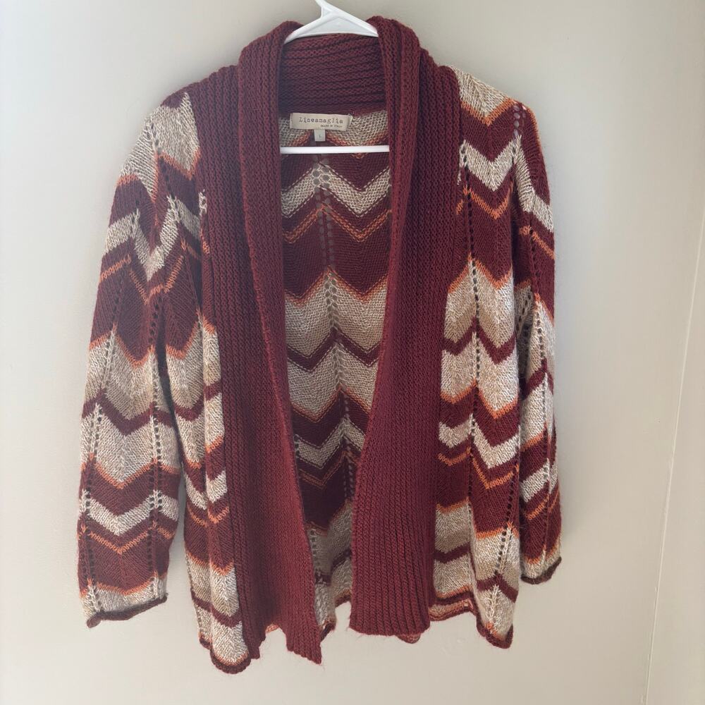 Lineamaglia Italy Wool Angora Blend Open Cardigan Chevron Brown Neutrals Size L